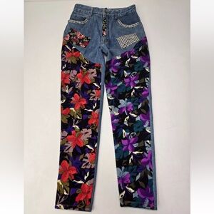 VTG JUDY & KEVIN Floral Mixed Print Patchwork Denim Jeans Size 9 Womens